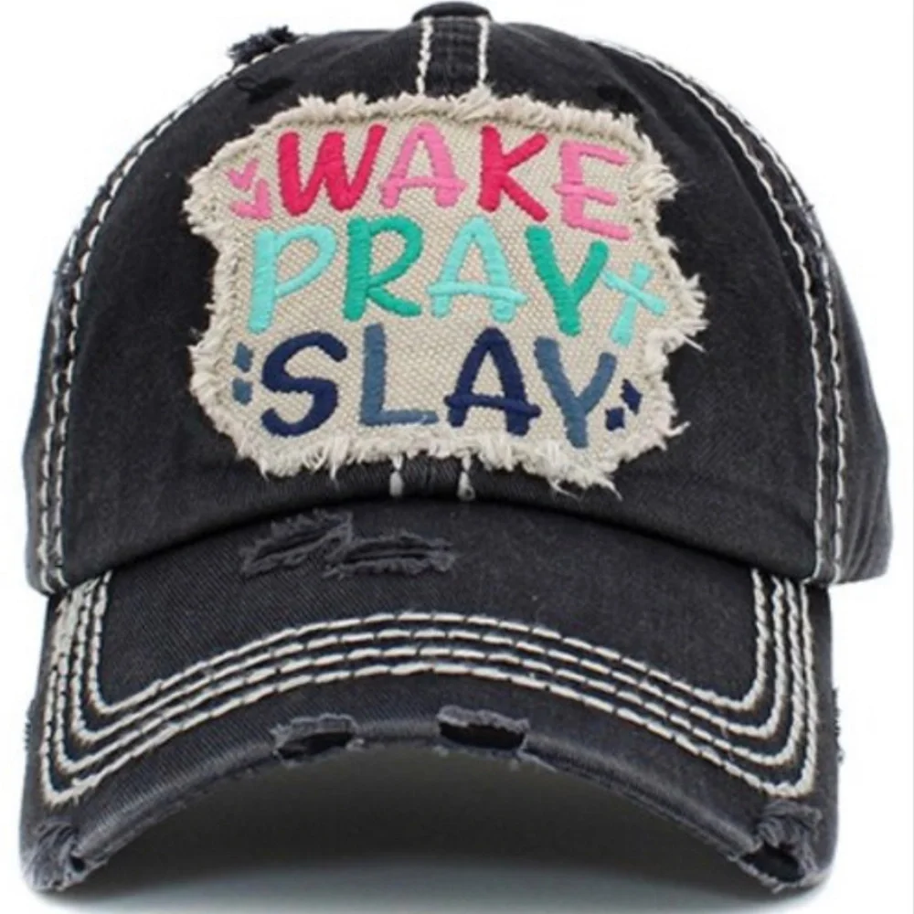 1442 Black Wake Pray Slay Distressed Hat Cap - Picture 1 of 2